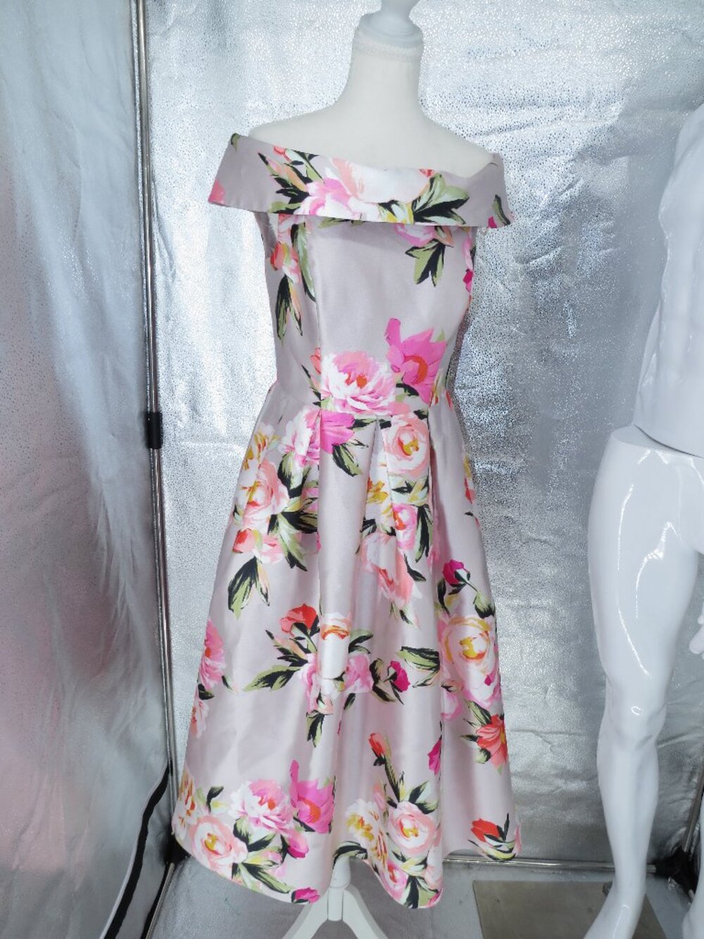 Eliza J Off Shoulder Floral Midi Dress Pink Gray Party Cocktail Wedding Size 6